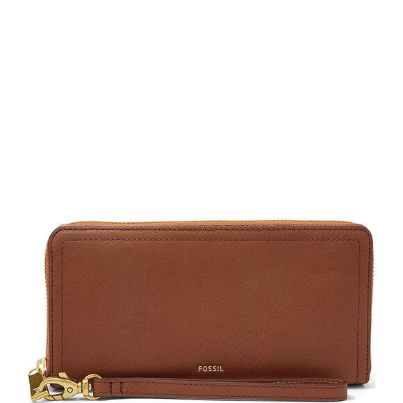 Fossil Logan Brown Leather RFID Zip Around Clutch With Detachable Wrist Strap - Picture 3 of 11